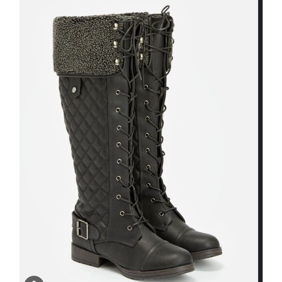 New JustFab Black Davinah Faux Leather Knee High Tall Riding Boots Lace-up 10 - Picture 1 of 12